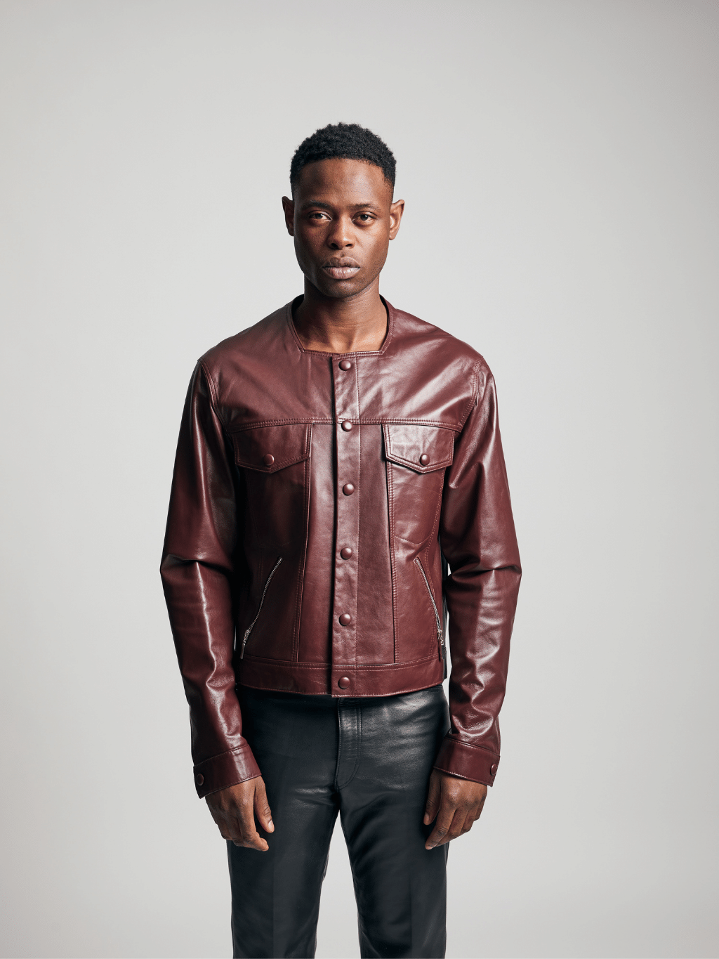 Square Neck Leather Jacket - Wine Red