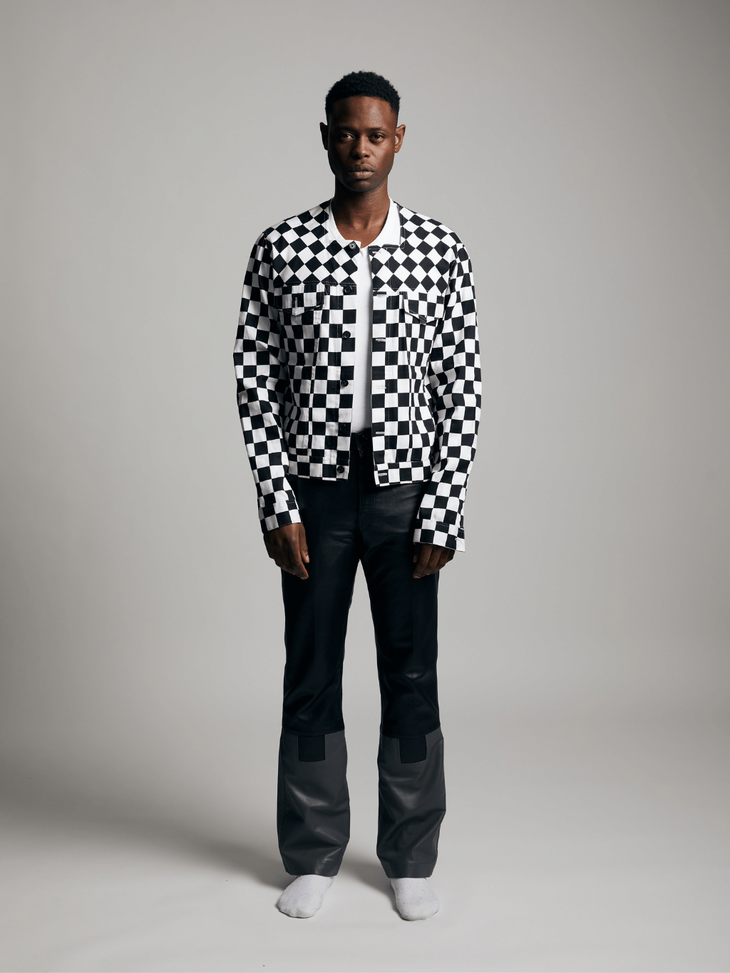 RSN Denim Jacket - Black and White Square Pattern